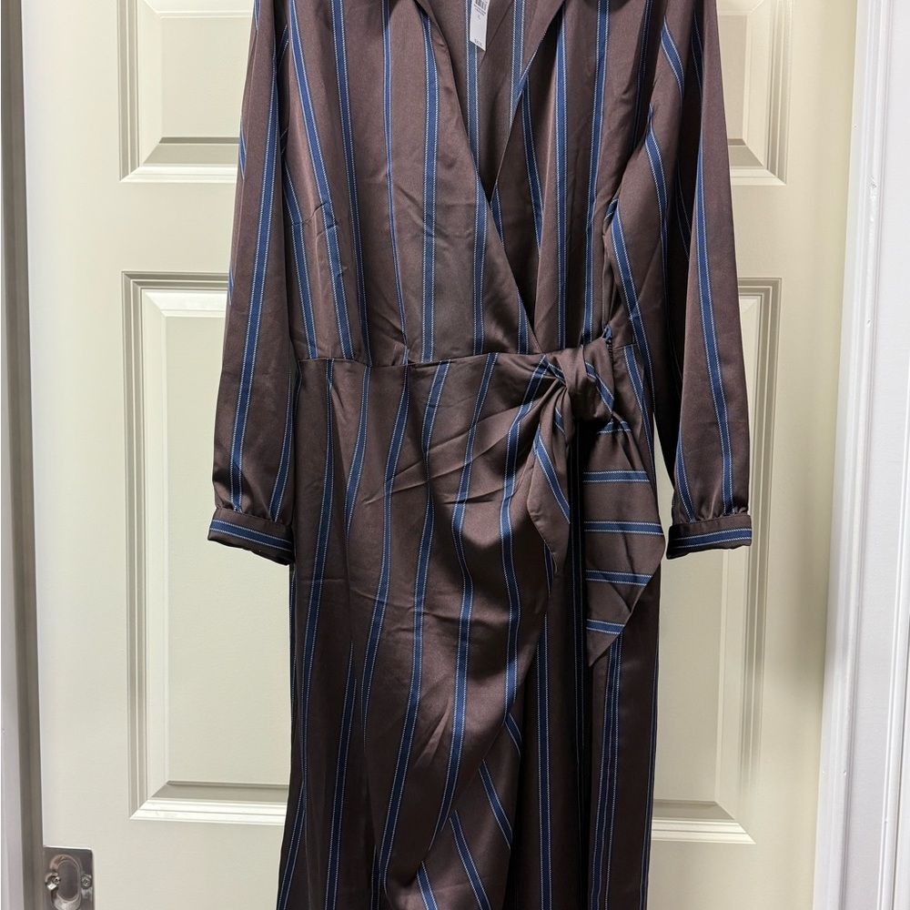 LOFT Brown and Blue Striped Long Sleeve Dress